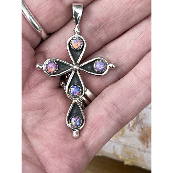 Sterling Opal Cross Pendant Pink Purple Fire Inlay Native Style 2” Southwest - Picture 2 of 8